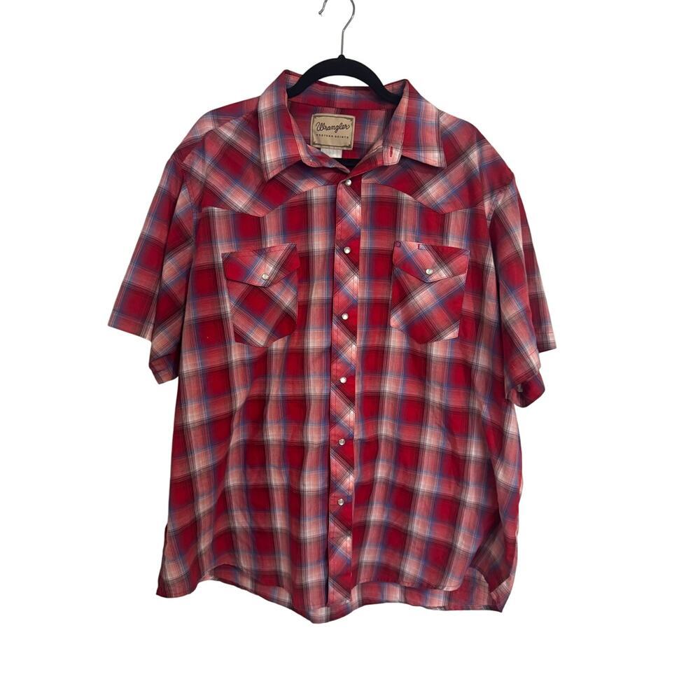 WRANGLER Pearl Snap Mens Short Sleeve Western Shirt in Red Plaid XXL